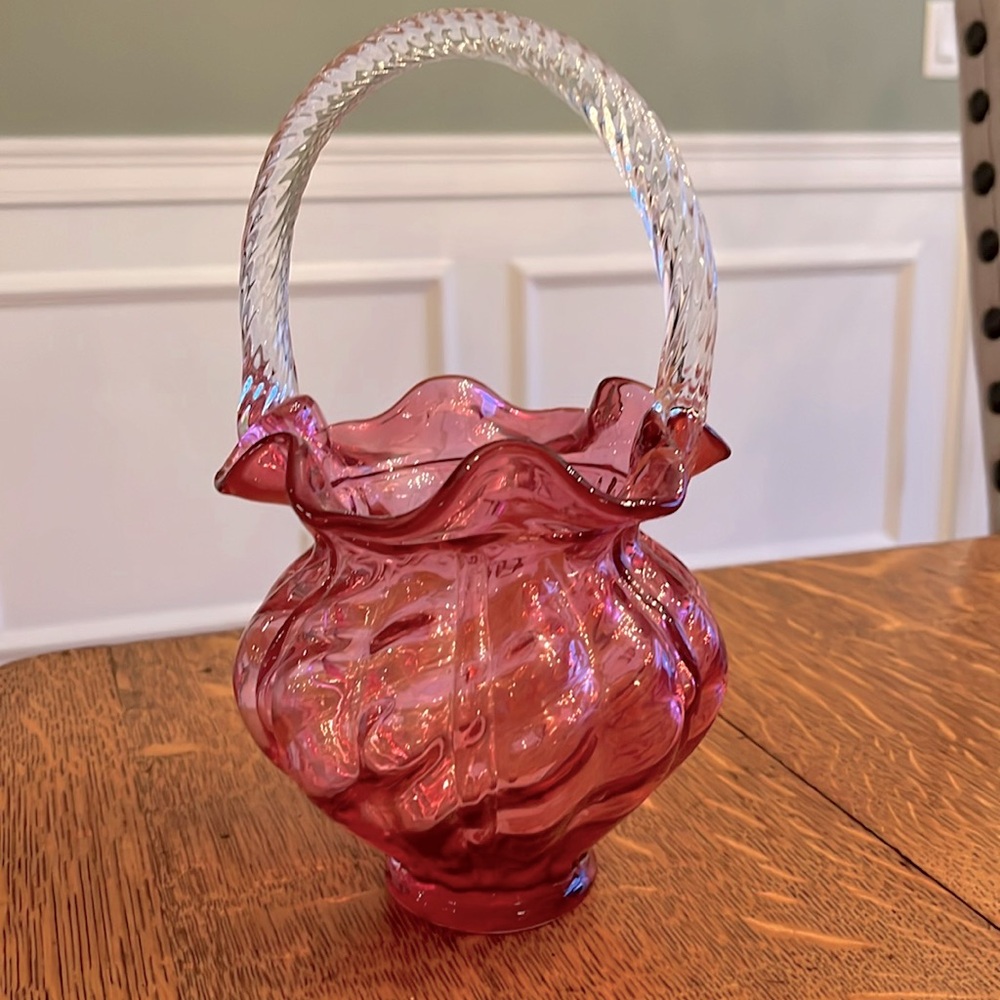 VINTAGE FENTON CRANBERRY Glass BASKET Ruffle Top Clear handle 9”H